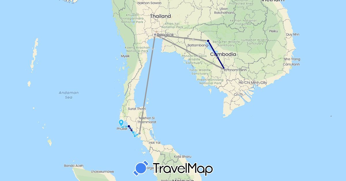 TravelMap itinerary: driving, plane, boat in Cambodia, Thailand (Asia)